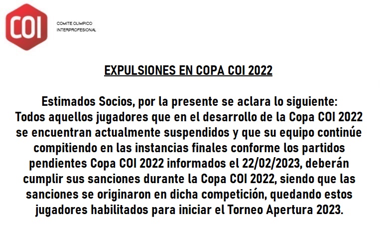 EXPULSIONES EN COPA COI 2022